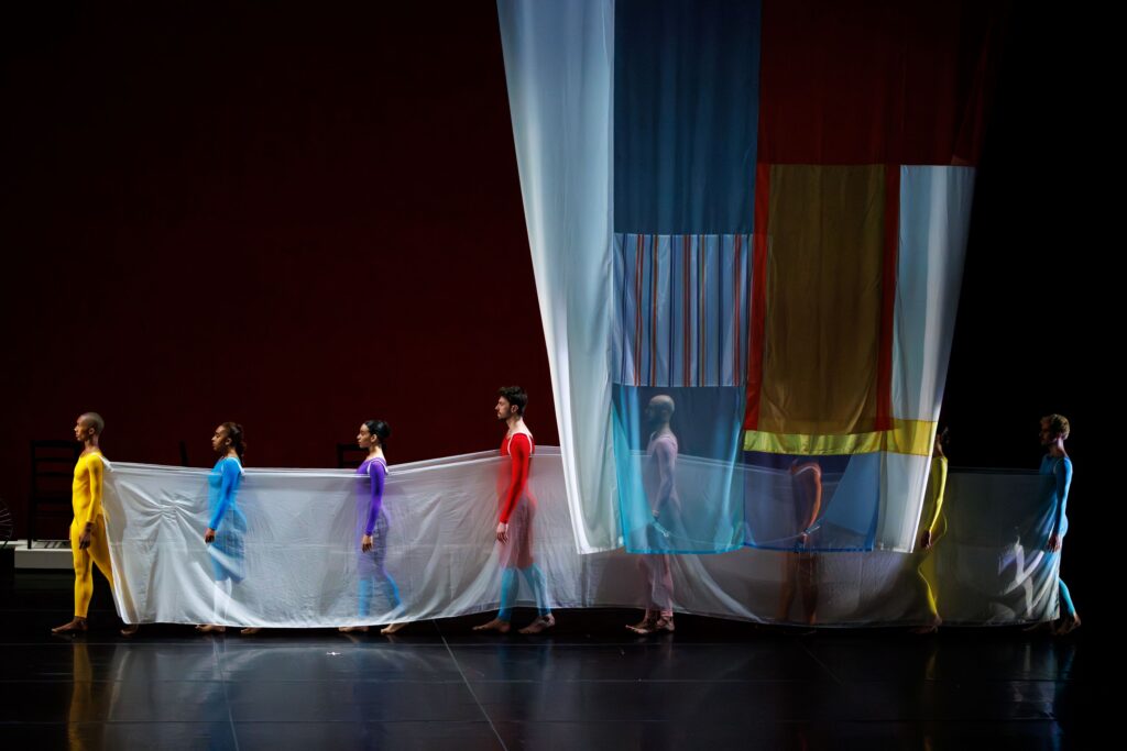 Trisha Brown Dance Company in "Travelogue" (1977) Choreography by Merce Cunningham - Performers: Savannah Gaillard, Spencer Weidie, Catherine Kirk, Burr Johnson, Patrick Needham, Jennifer Payán, Claude CJ Johnson, Ashley Merker - Photo by Ben McKeown, courtesy of the American Dance Festival.