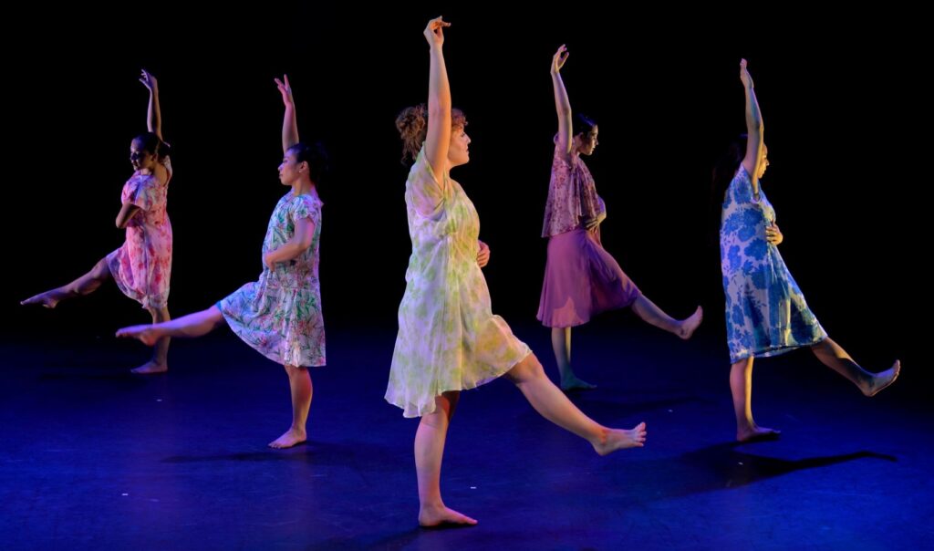 Benita Bike's DanceArt Company - (l to r) Emma Vicaña, Sarah Chan, Emily Wallace, Riley Jo Parish, Genevieve Antonetty in Bike's "Schoenfield Dances" - Screenshot courtesy of the company.