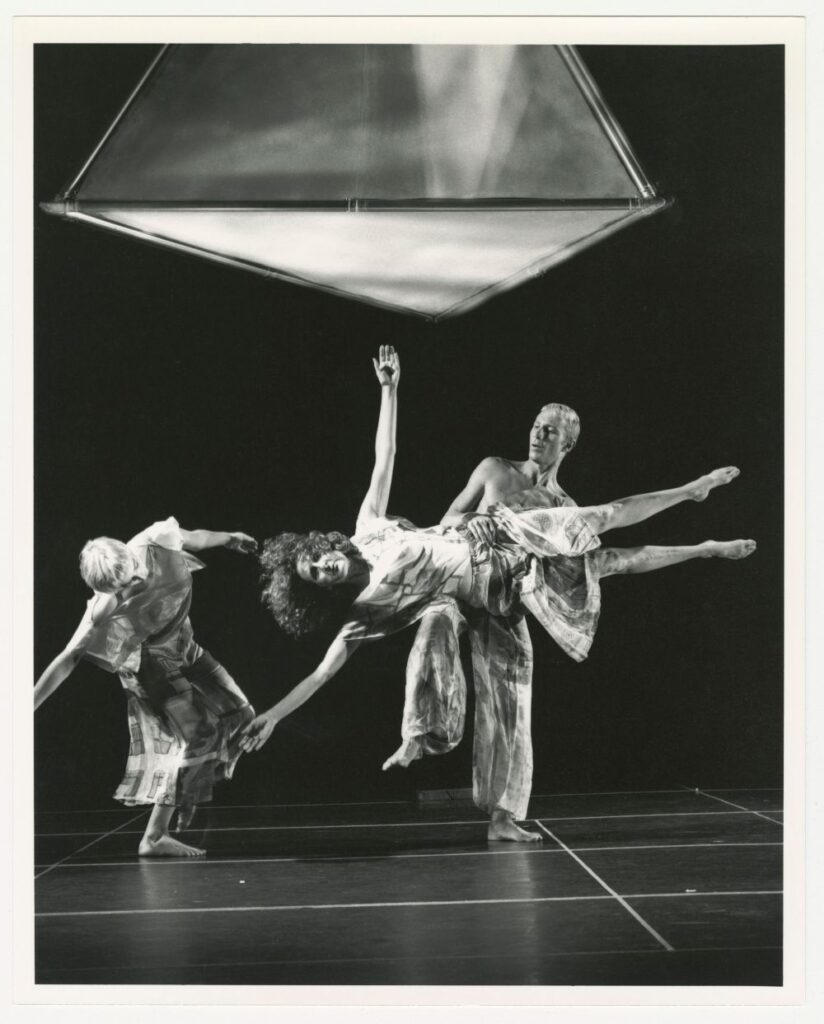 Trisha Brown Dance Company in “Set and Reset” (1983) Choreography: Trisha Brown Performers: Trisha Oesterling, Trisha Brown, Wil Swanson - Photo by Mark Hanauer.