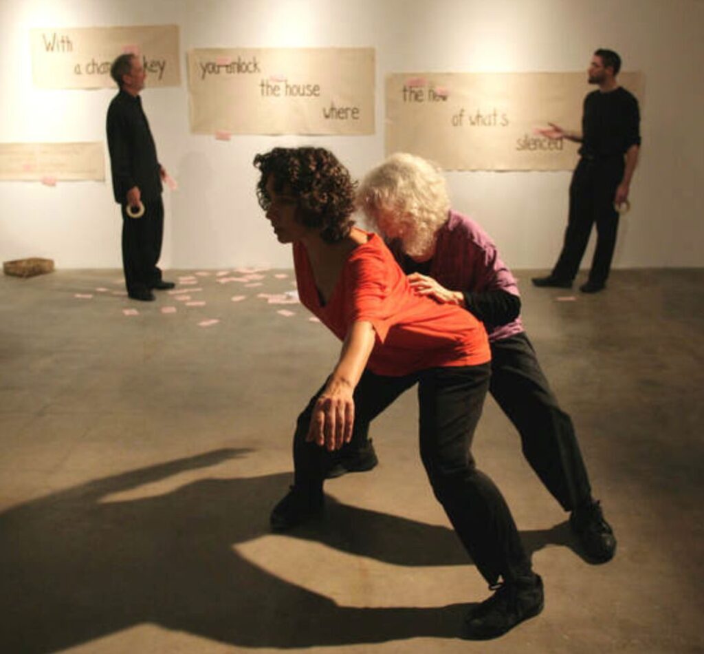 Luke Johnson, Sarah Swenson, Simone Forti, and Douglas Wadle, in "To Borrow Salt,” The Box Gallery Chinatown, Los Angeles, 2009. Photo by Ann-Marie Rounkle, ©The Box LA.