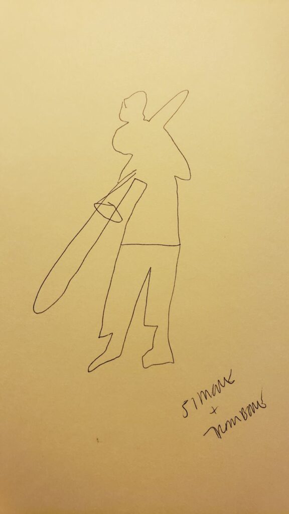 Simone + Trombone, drawing by Sarah Swenson, 2004 rehearsal.