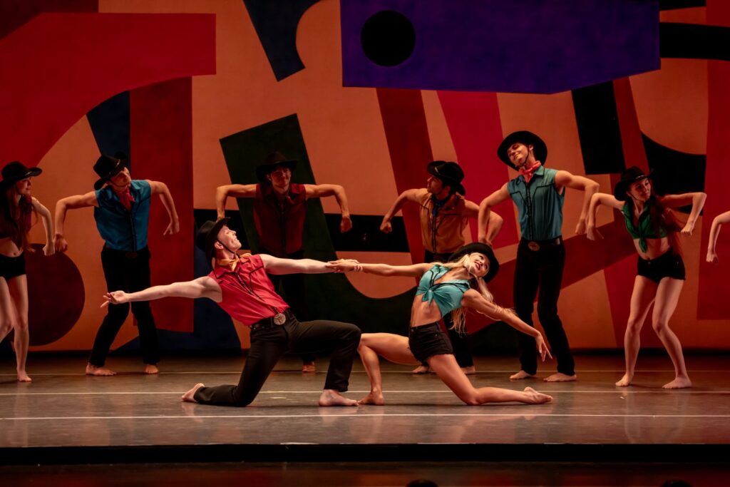 Los Angeles Ballet in "Dilly-Dilly" by Paul Taylor - Dancers in front (L-R) Benjamin Brown and Poppy Coleman - Photo by Cheryl Mann Photography.