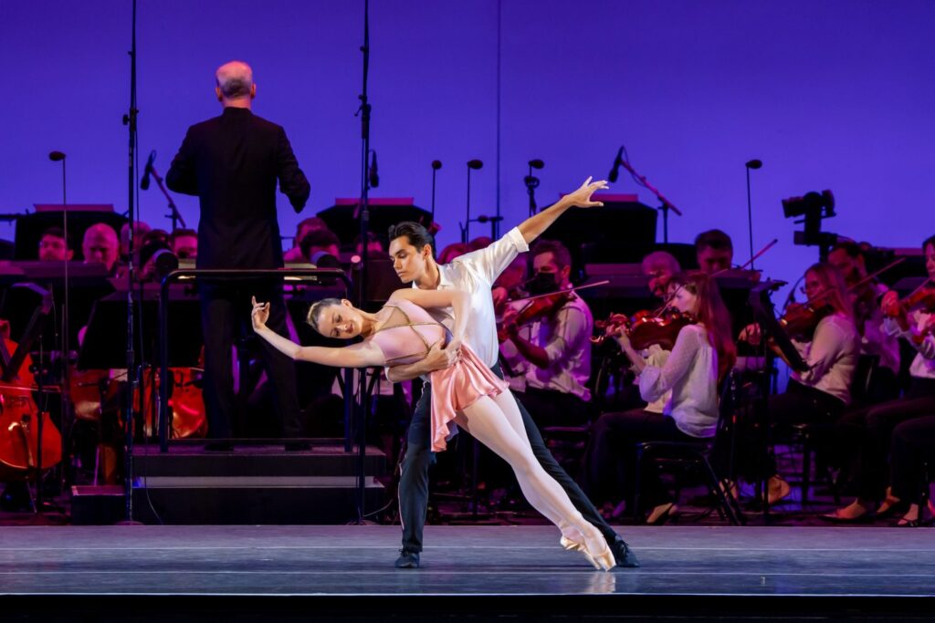 LA Ballet with the LA Phil - Dancers Sarah Ashley Chicola and Evan Gorbell in George Balanchine's "Who Cares?" - Photo by Cheryl Mann.