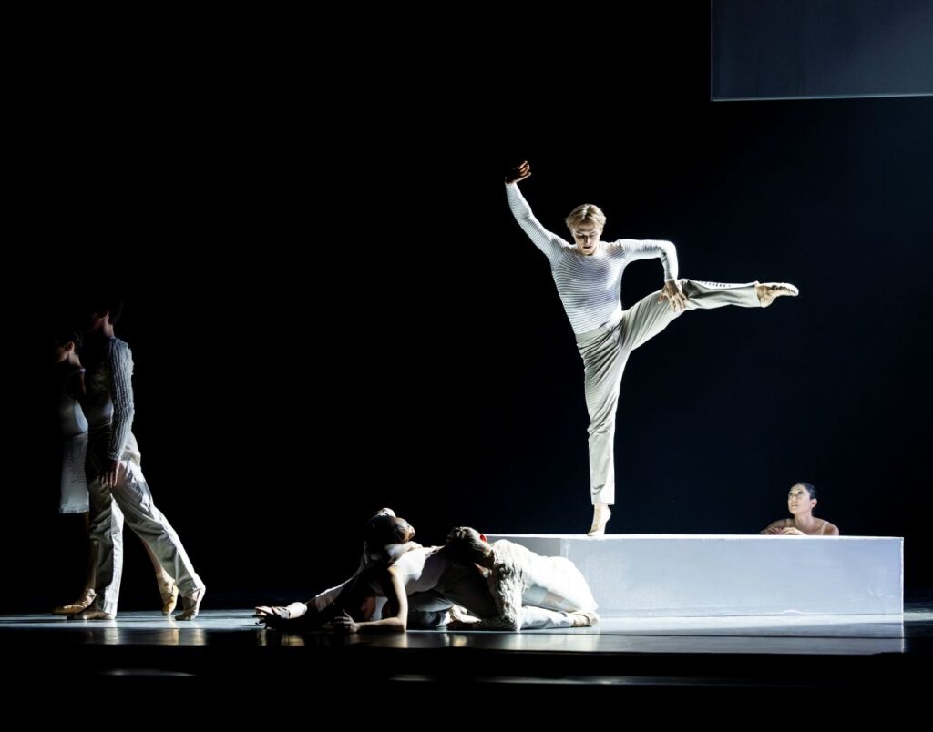 Pacific Northwest Ballet principal dancer Dylan Wald with PNB company dancers in the world premiere of Jessica Lang’s "Pages" - Photo by Angela Sterling.